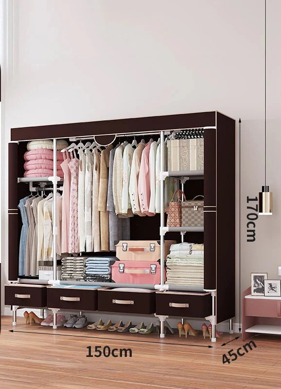 メガ割 ワードローブカバー付き ワードローブクローゼット 洋服ダンス メタルラック ハンガーラック大容量 シンプルな布製ワードローブ 引き出し4つ付き 防塵 耐用 幅150×奥行45×高さ170cm メガ割 ワードローブカバー付き ワードローブクローゼット 洋服ダンス メタルラック ハンガーラック大容量 シンプルな布製ワードローブ 引き出し4つ付き 防塵 耐用 幅150×奥行45×高さ170cm