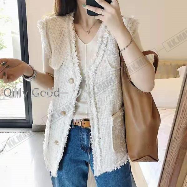 ベスト ジレ レディース テーラード ツイード 前開き チョッキ Vネック アウター ジャケット ホワイト おしゃれ 体型カバー カジュアル