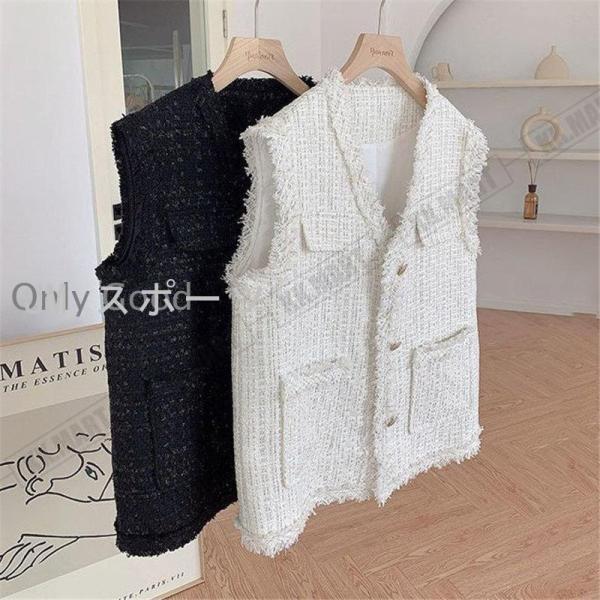 ベスト ジレ レディース テーラード ツイード 前開き チョッキ Vネック アウター ジャケット ホワイト おしゃれ 体型カバー カジュアル