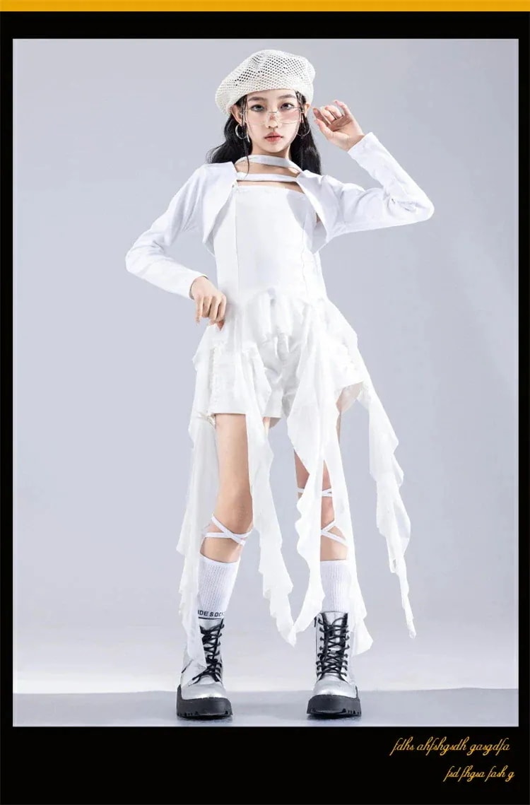 【送料無料】白/黒 セットアップ キッズ ダンス衣装 トップス セットアップ ホワイト ダンス 練習着 発表会 団体服 練習着 応援団 原宿系 ヒップホップ 長袖 ポーティー ジュニア ストリート系