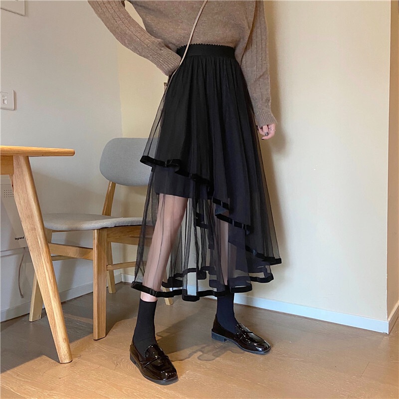 ボトムス スカート 膝丈 ひざ丈 ロング ロング丈 不規則丈 アシンメトリー 切り替えデザイン ドッキング チュール 透け感 シースルー かわいい 大人可愛い おしゃれ お洒落 かっこいい こなれ感