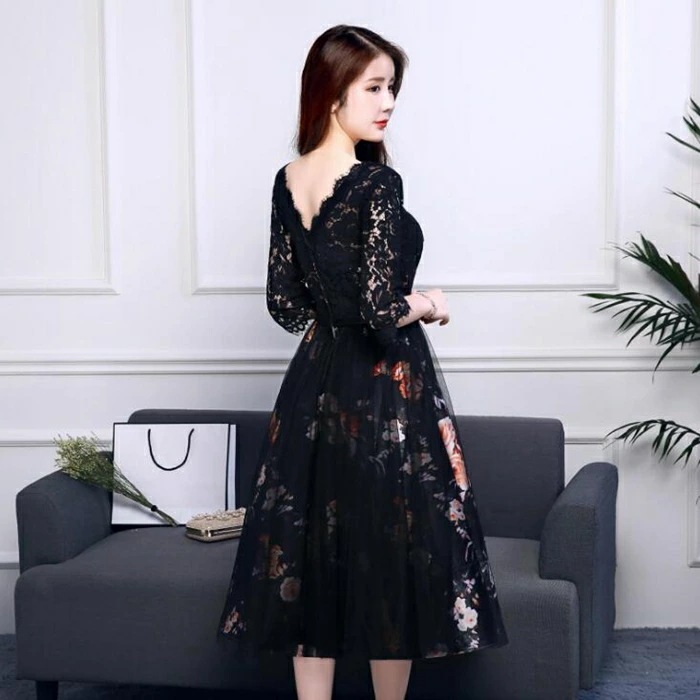 ブラックフローラル刺繍パーティードレス leja 黒 フラワー刺繍襟