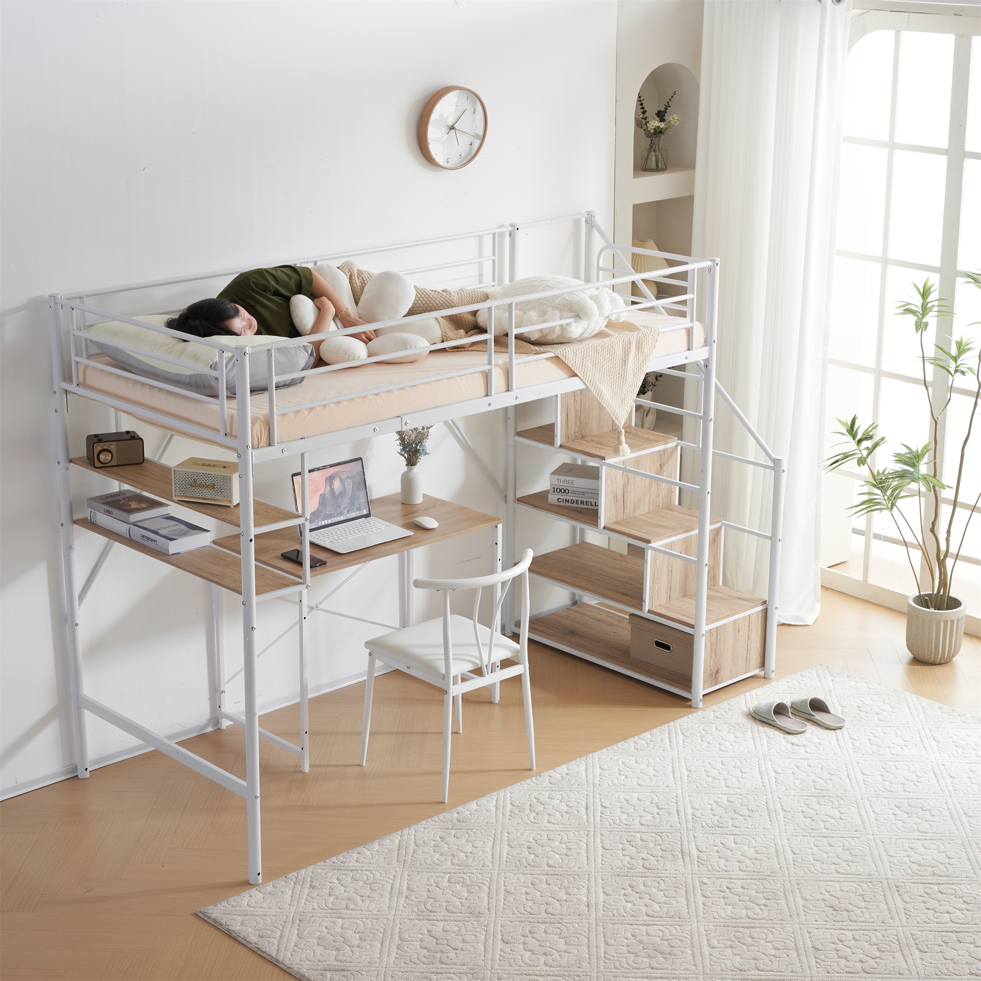 新作 ホワイトロフトベッド 片側手すり付き 収納付き パイプベッド