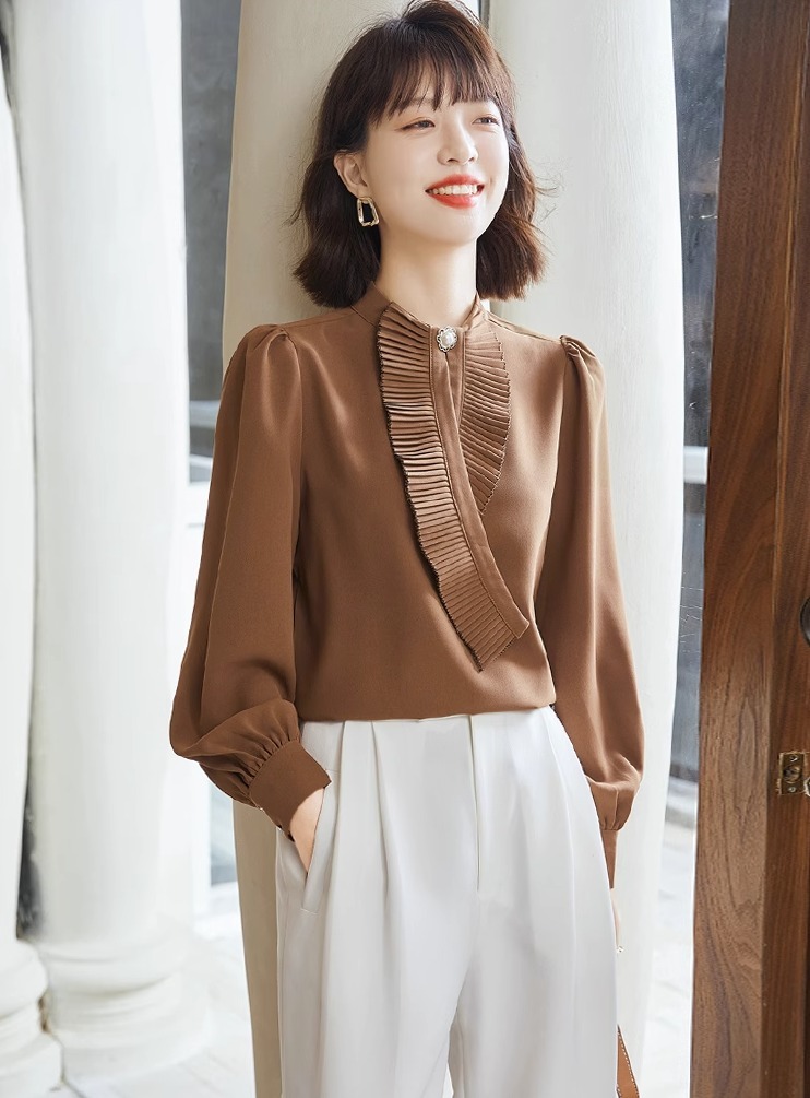 トップス シャツ ブラウス レギュラー丈 袖あり 長袖 パフスリーブ スタンドカラー ストレート プリーツ コンサバ 薄手 きれいめ シンプル 大人 上品 おしゃれ トップス シャツ ブラウス レギュラー丈 袖あり 長袖