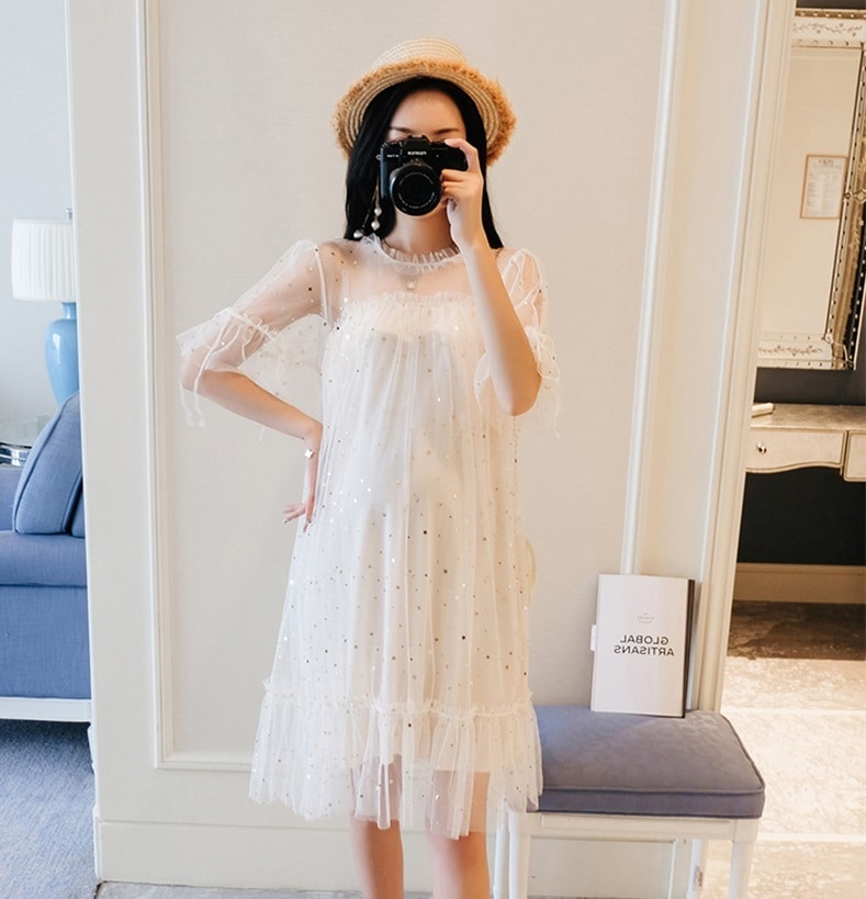 マタニティ ワンピース ドレス シースルー 透け感 半袖 キラキラ スパンコール レース チュールレース フリル パーティー お呼ばれ 結婚式 レディース 可愛い ママコーデ