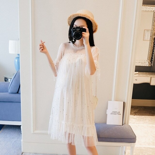 マタニティ ワンピース ドレス シースルー 透け感 半袖 キラキラ スパンコール レース チュールレース フリル パーティー お呼ばれ 結婚式 レディース 可愛い ママコーデ