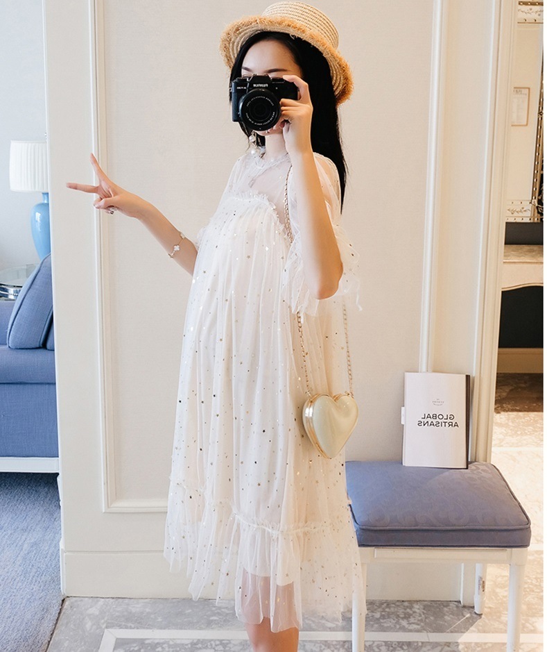 マタニティ ワンピース ドレス シースルー 透け感 半袖 キラキラ スパンコール レース チュールレース フリル パーティー お呼ばれ 結婚式 レディース 可愛い ママコーデ
