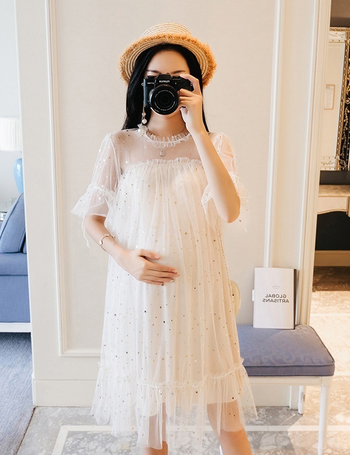 マタニティ ワンピース ドレス シースルー 透け感 半袖 キラキラ スパンコール レース チュールレース フリル パーティー お呼ばれ 結婚式 レディース 可愛い ママコーデ