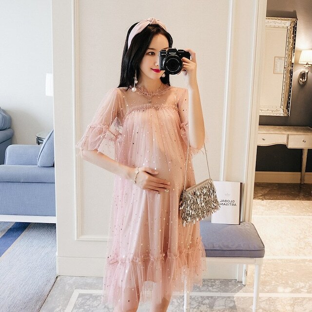マタニティ ワンピース ドレス シースルー 透け感 半袖 キラキラ スパンコール レース チュールレース フリル パーティー お呼ばれ 結婚式 レディース 可愛い ママコーデ