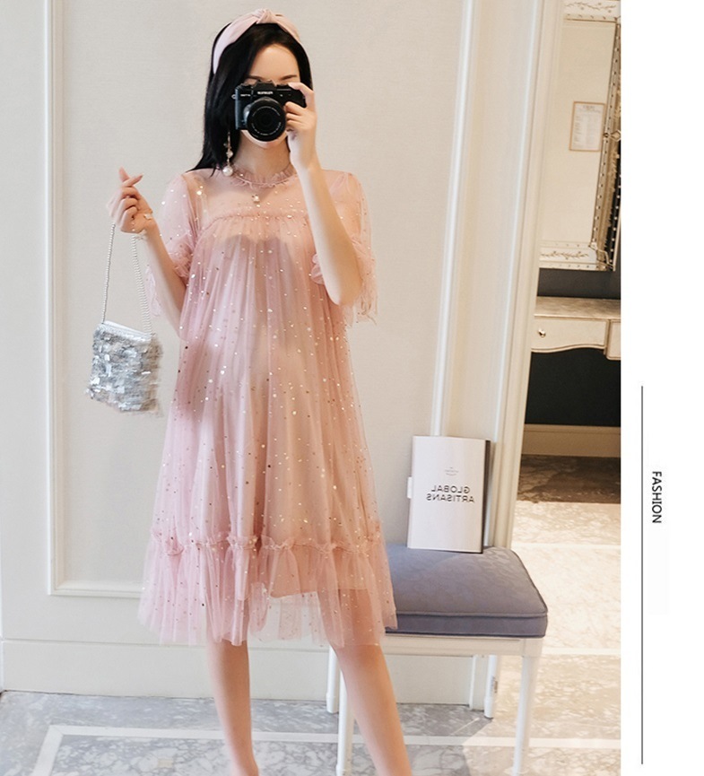 マタニティ ワンピース ドレス シースルー 透け感 半袖 キラキラ スパンコール レース チュールレース フリル パーティー お呼ばれ 結婚式 レディース 可愛い ママコーデ