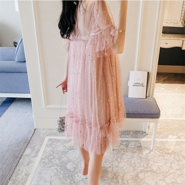 マタニティ ワンピース ドレス シースルー 透け感 半袖 キラキラ スパンコール レース チュールレース フリル パーティー お呼ばれ 結婚式 レディース 可愛い ママコーデ