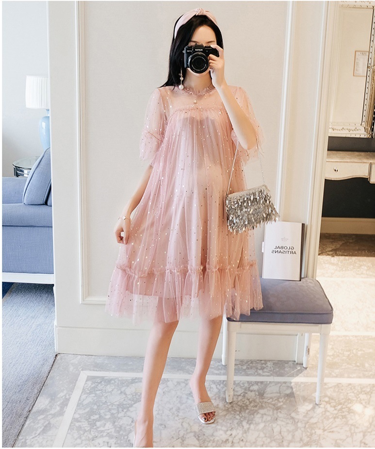 マタニティ ワンピース ドレス シースルー 透け感 半袖 キラキラ スパンコール レース チュールレース フリル パーティー お呼ばれ 結婚式 レディース 可愛い ママコーデ
