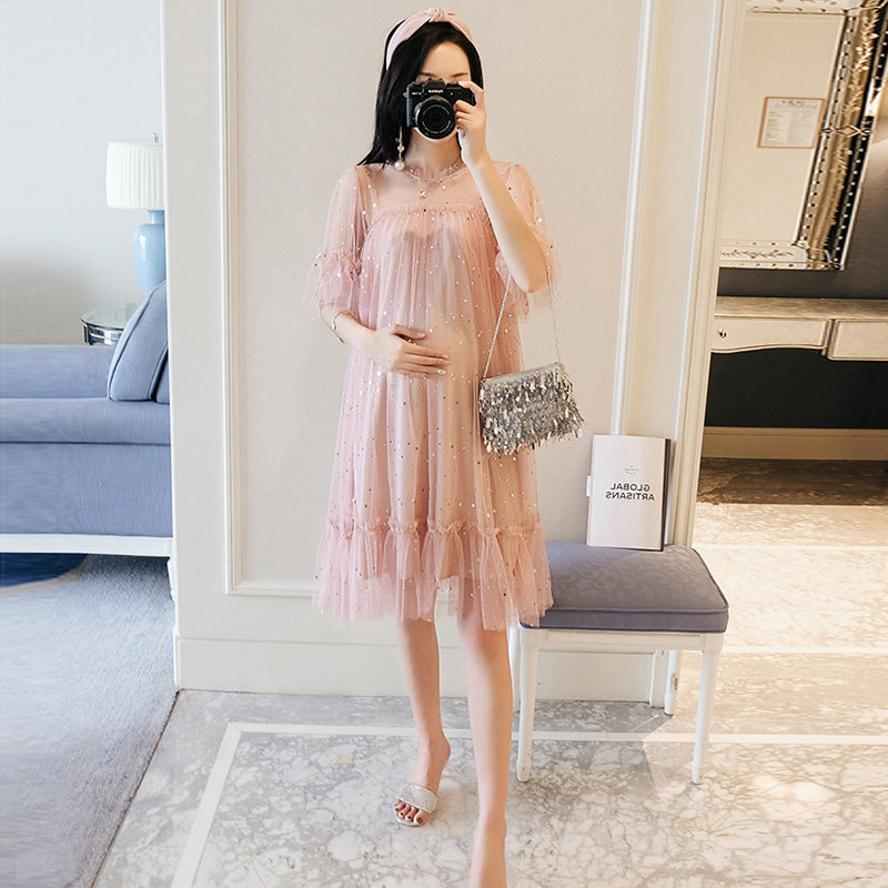 マタニティ ワンピース ドレス シースルー 透け感 半袖 キラキラ スパンコール レース チュールレース フリル パーティー お呼ばれ 結婚式 レディース 可愛い ママコーデ