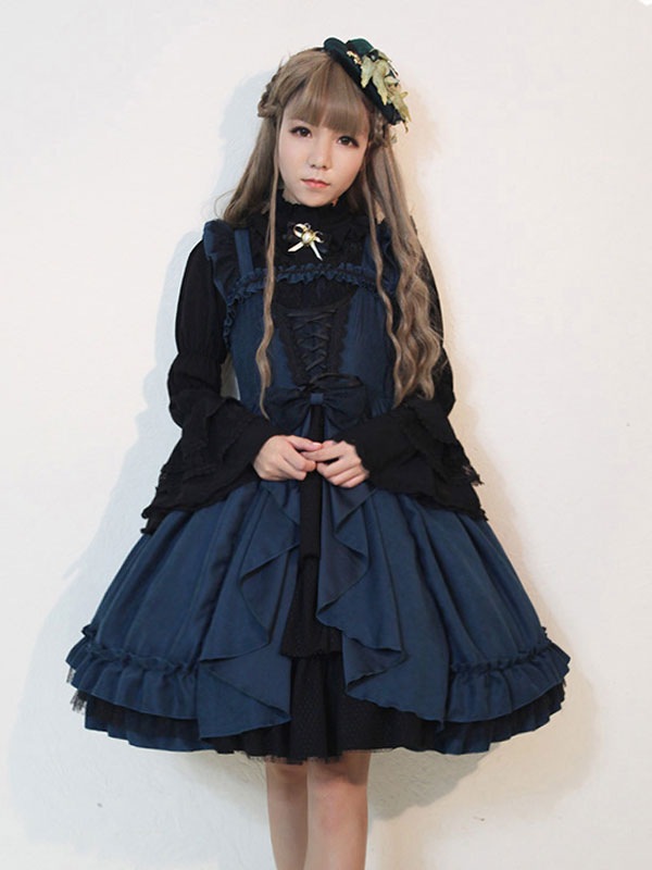 【短納期】ロリィタジャンパースカート ゴシック 2カラーブロック スクエアネック ポリエステル お茶会 【短納期】ロリィタジャンパースカート ゴシック 2カラーブロック スクエアネック ポリエステル お茶会