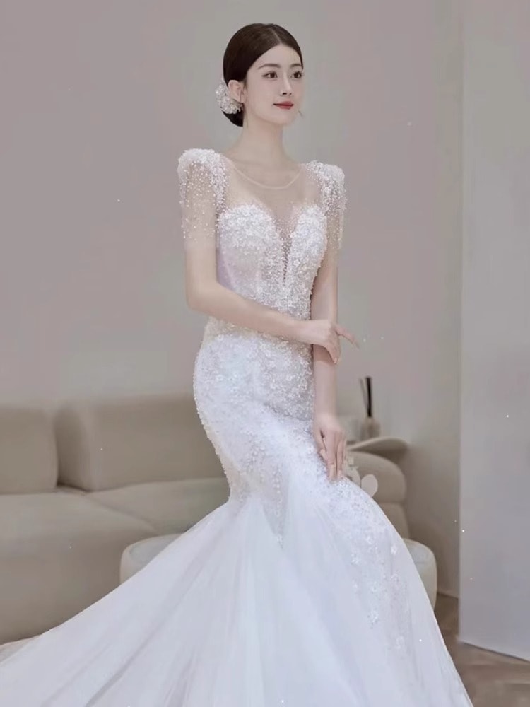 フィッシュテイルフレンチ軽ウェディングドレス2023新婦主紗高級感出幕紗レトロモップウエルカムドレス女