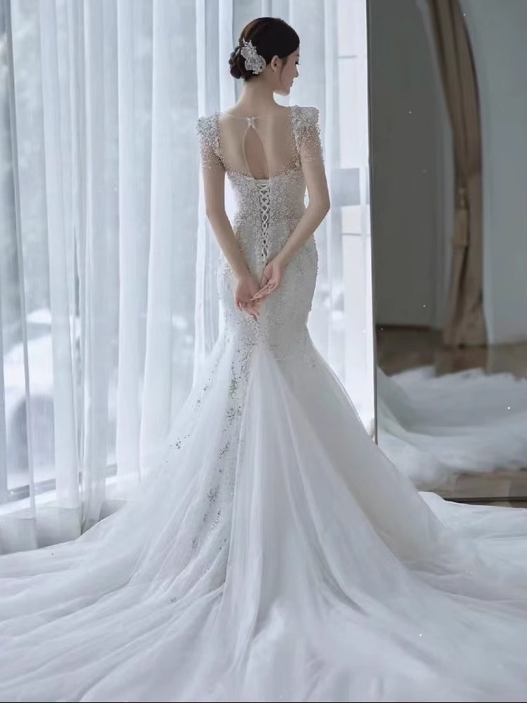 フィッシュテイルフレンチ軽ウェディングドレス2023新婦主紗高級感出幕紗レトロモップウエルカムドレス女