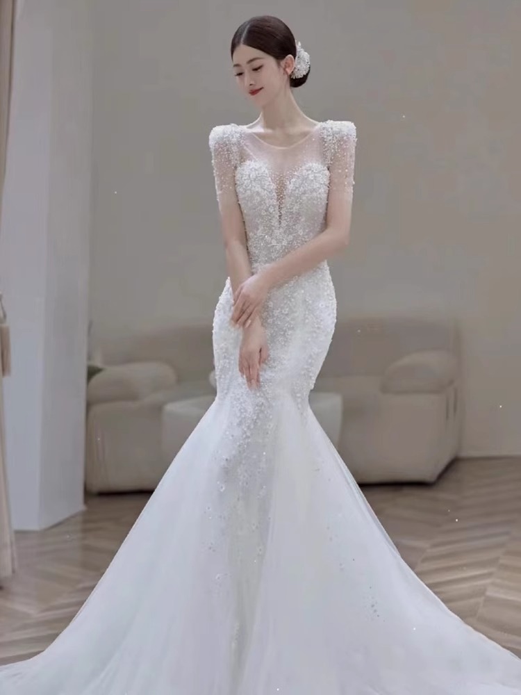 フィッシュテイルフレンチ軽ウェディングドレス2023新婦主紗高級感出幕紗レトロモップウエルカムドレス女