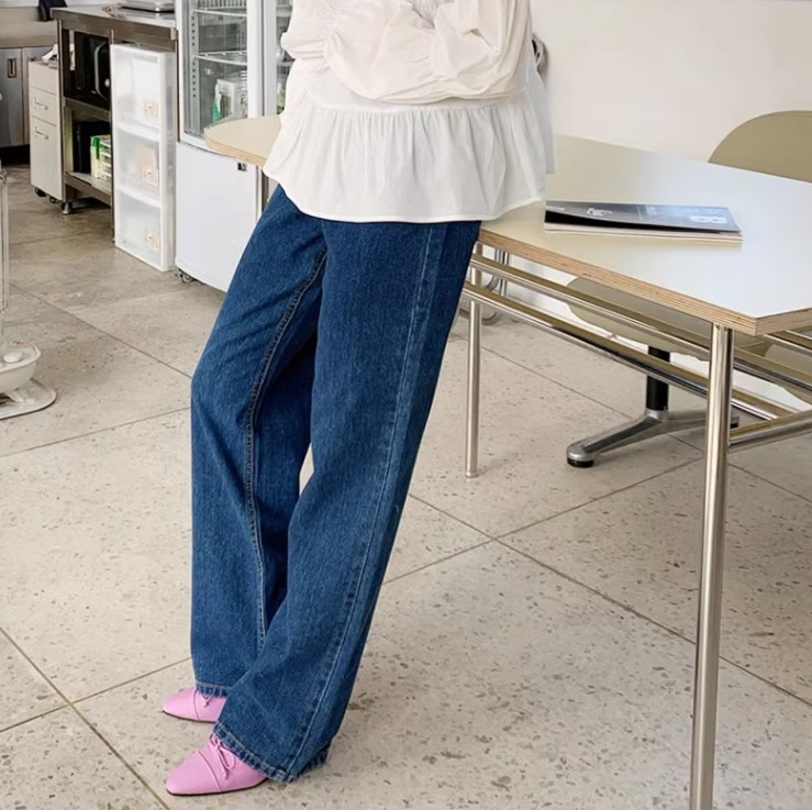 ルーズワイドレッグパンツ ゆったりデニム レディース パンツ ボトムス デニム ロングパンツ ワイドパンツ ミモレ ロング ワイド ストレート Iライン 裾ワイド ファスナー ポケット ハイウエスト