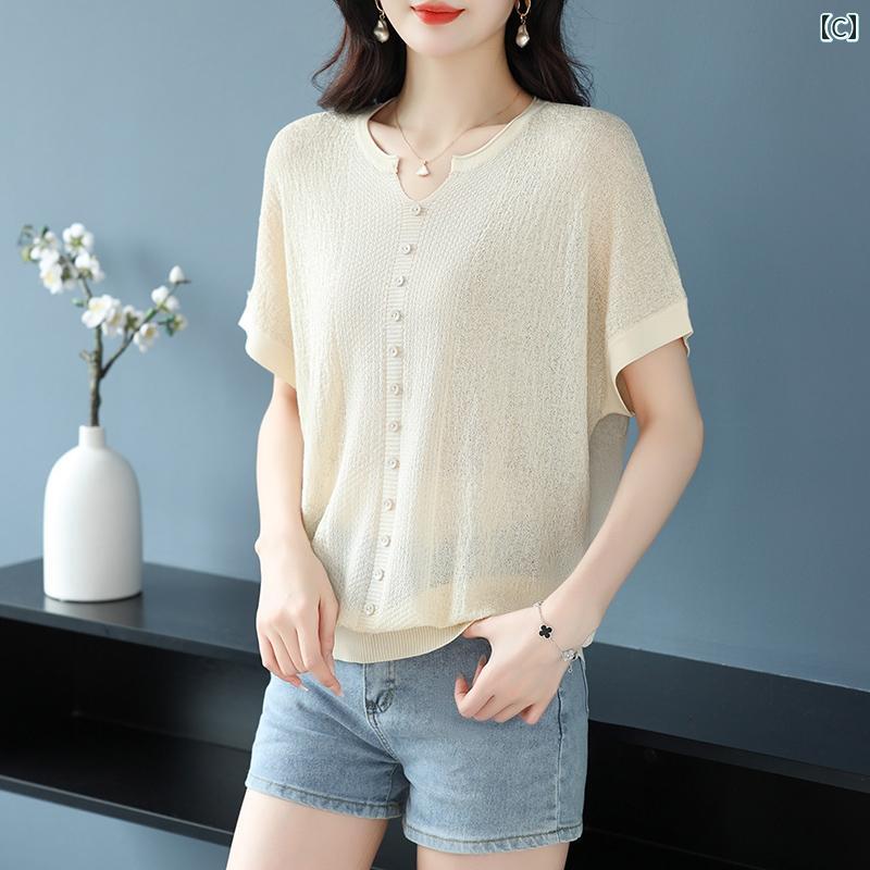 トップス レディース おしゃれ 上品 通勤 オフィス カジュアル ひんやり 快適 半袖 カジュアル Tシャツ 夏 大きめサイズ 体型カバー セーター 薄手 涼しい 涼しい