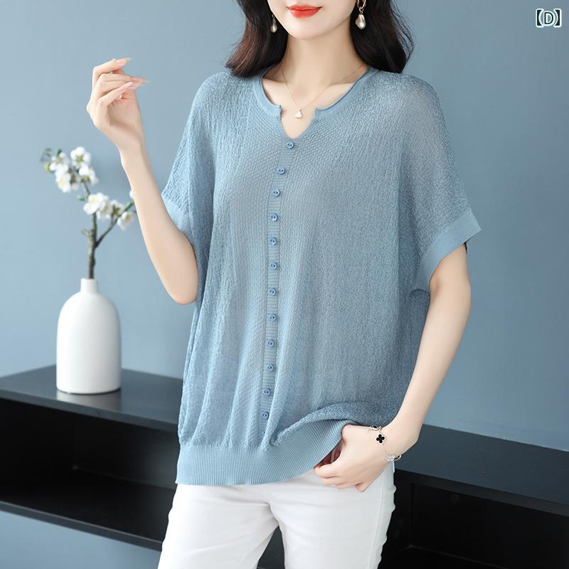 トップス レディース おしゃれ 上品 通勤 オフィス カジュアル ひんやり 快適 半袖 カジュアル Tシャツ 夏 大きめサイズ 体型カバー セーター 薄手 涼しい 涼しい