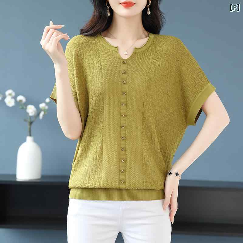 トップス レディース おしゃれ 上品 通勤 オフィス カジュアル ひんやり 快適 半袖 カジュアル Tシャツ 夏 大きめサイズ 体型カバー セーター 薄手 涼しい 涼しい