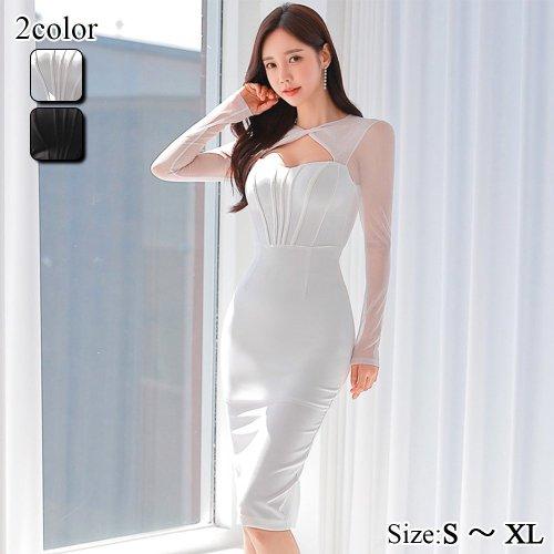 キャバドレス ナイトドレス ミディアムドレス ワンピース 長袖 デコルテ メッシュ 肌見せ レース シアー レディース グラシア