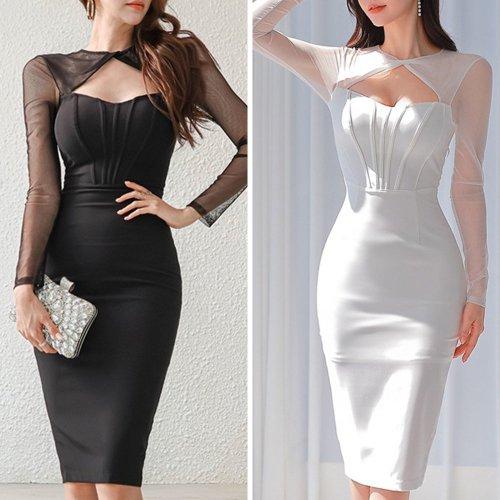 キャバドレス ナイトドレス ミディアムドレス ワンピース 長袖 デコルテ メッシュ 肌見せ レース シアー レディース グラシア