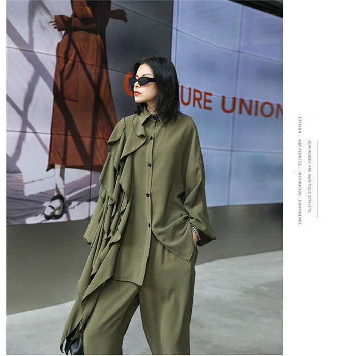 レディースきれいめセットアップ春秋長袖リーサイズグリーンブラック個性デザインアシメントリーブラウスワイドパンツ2点セットゆったり上品おしゃれ大きいサイズシンプルきれいめカジュアル