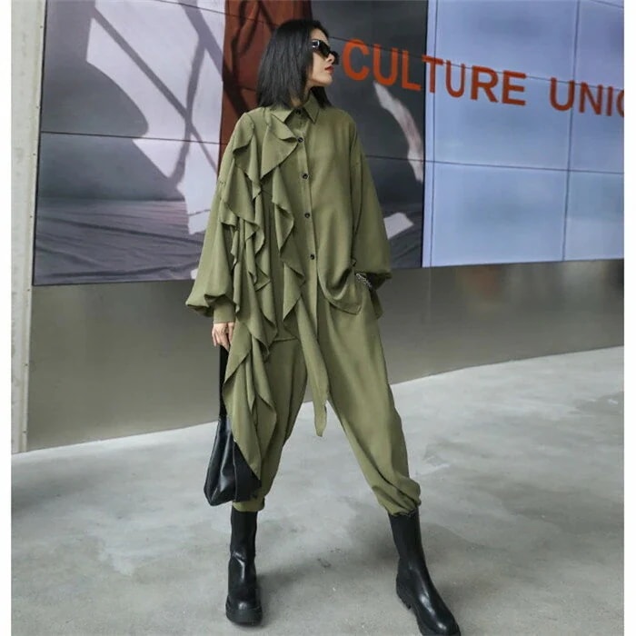 レディースきれいめセットアップ春秋長袖リーサイズグリーンブラック個性デザインアシメントリーブラウスワイドパンツ2点セットゆったり上品おしゃれ大きいサイズシンプルきれいめカジュアル