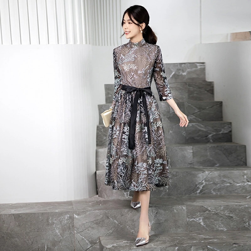 【即納】結婚式 ワンピース パーティードレス ミモレ丈 フォーマルドレス ドレス お呼ばれ フォーマル ワンピース 袖あり 結婚式 ワンピース パーティードレス 大きいサイズXXXL 入園式 二次会
