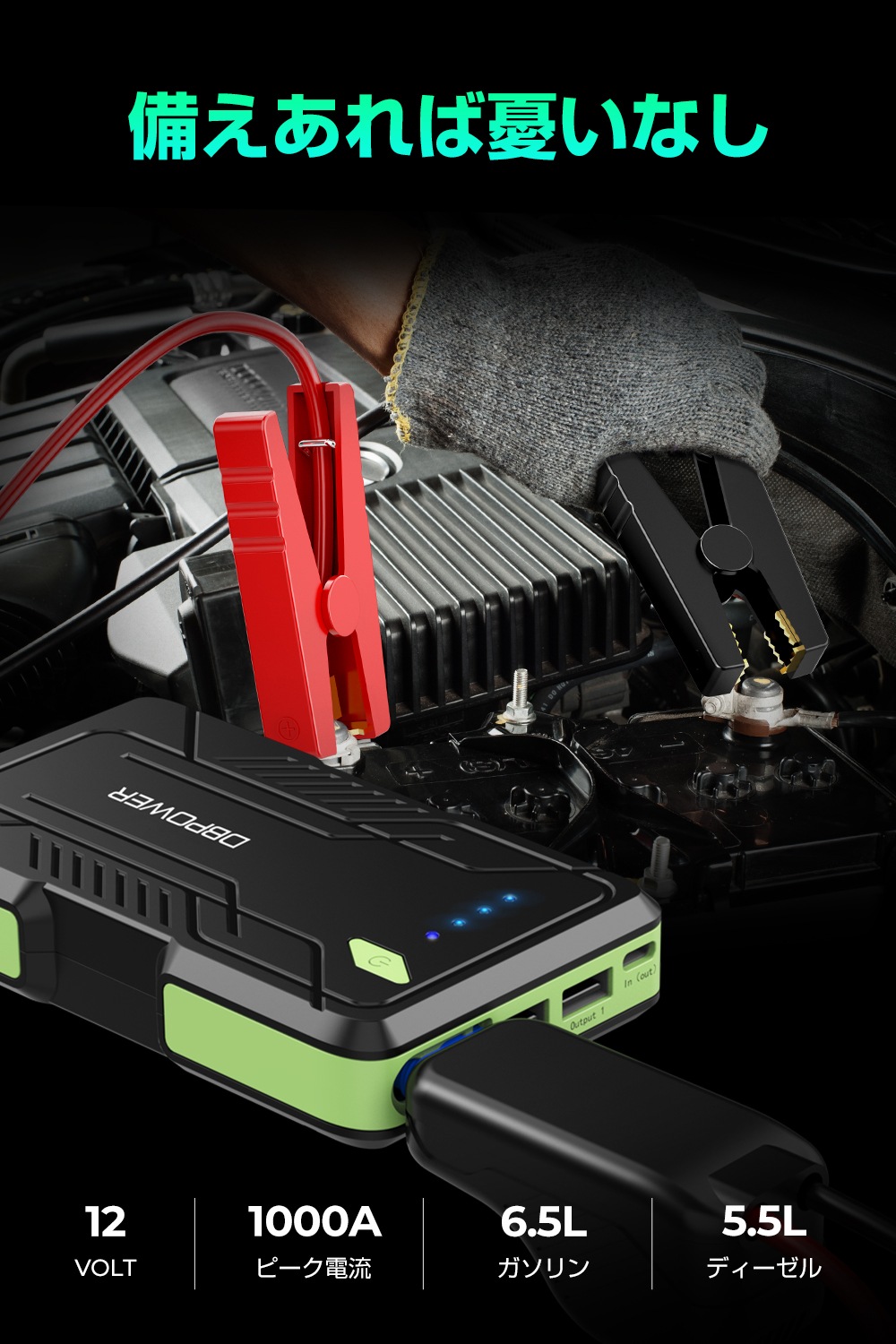 ジャンプスターター 12V 8000mAh 6.5L ガソリン/5.5L ディー ゼル車まで対応 1000Aピーク電流 エンジンスターター モバイルバッテリー機能 LEDライト PSE認証 2年保証