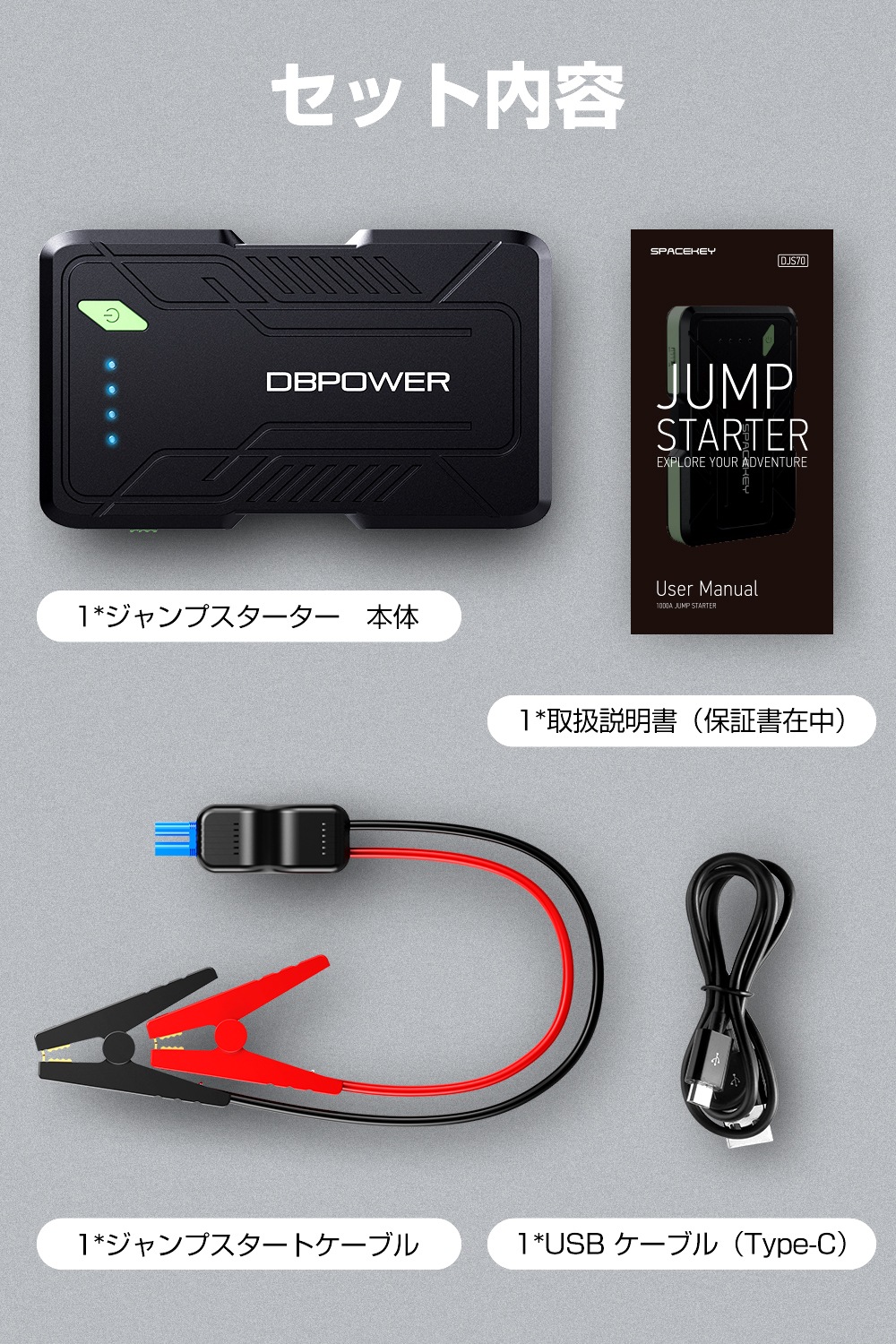 ジャンプスターター 12V 8000mAh 6.5L ガソリン/5.5L ディー ゼル車まで対応 1000Aピーク電流 エンジンスターター モバイルバッテリー機能 LEDライト PSE認証 2年保証