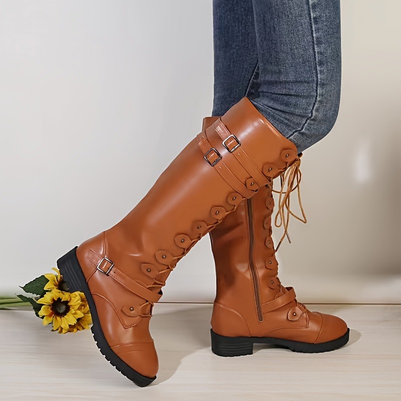 女性のラウンドトゥバックル装飾ニーハイブーツサイドジッパーチャンキーローヒールファッションナイトブーツオートバイ乗馬用 女性のラウンドトゥバックル装飾ニーハイブーツサイドジッパーチャンキーローヒールファッションナイトブーツオートバイ乗馬用