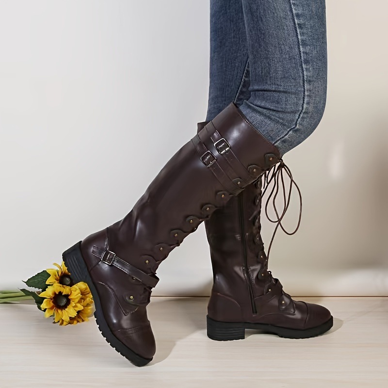 女性のラウンドトゥバックル装飾ニーハイブーツサイドジッパーチャンキーローヒールファッションナイトブーツオートバイ乗馬用 女性のラウンドトゥバックル装飾ニーハイブーツサイドジッパーチャンキーローヒールファッションナイトブーツオートバイ乗馬用