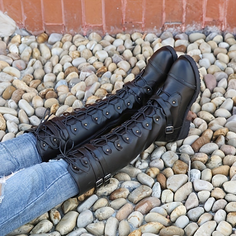 女性のラウンドトゥバックル装飾ニーハイブーツサイドジッパーチャンキーローヒールファッションナイトブーツオートバイ乗馬用 女性のラウンドトゥバックル装飾ニーハイブーツサイドジッパーチャンキーローヒールファッションナイトブーツオートバイ乗馬用