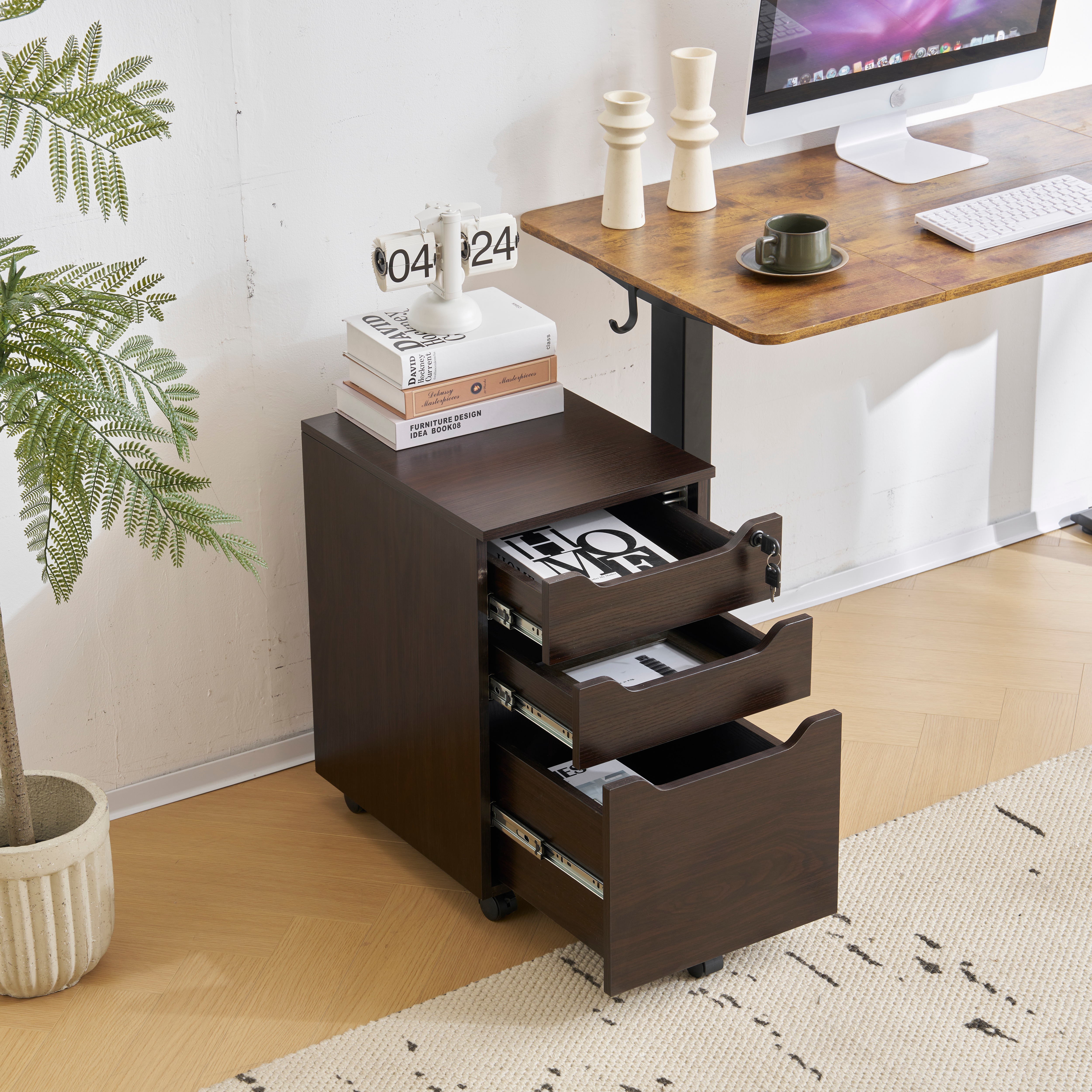 【国内出荷】【人気商品】デスクワゴン サイドワゴン ラック　鍵付き キャスター付き 脇机 オフィス クルミ