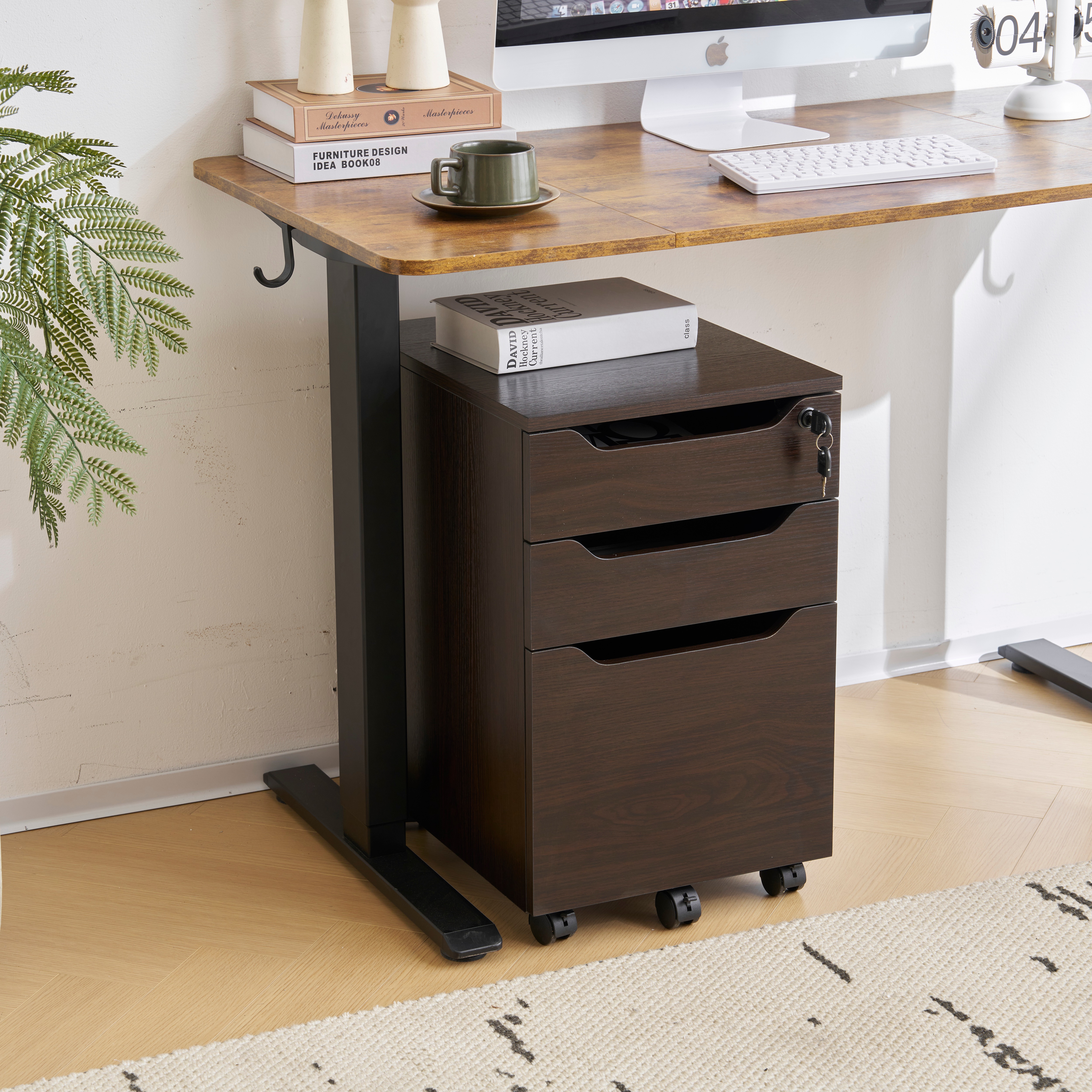 【国内出荷】【人気商品】デスクワゴン サイドワゴン ラック　鍵付き キャスター付き 脇机 オフィス クルミ