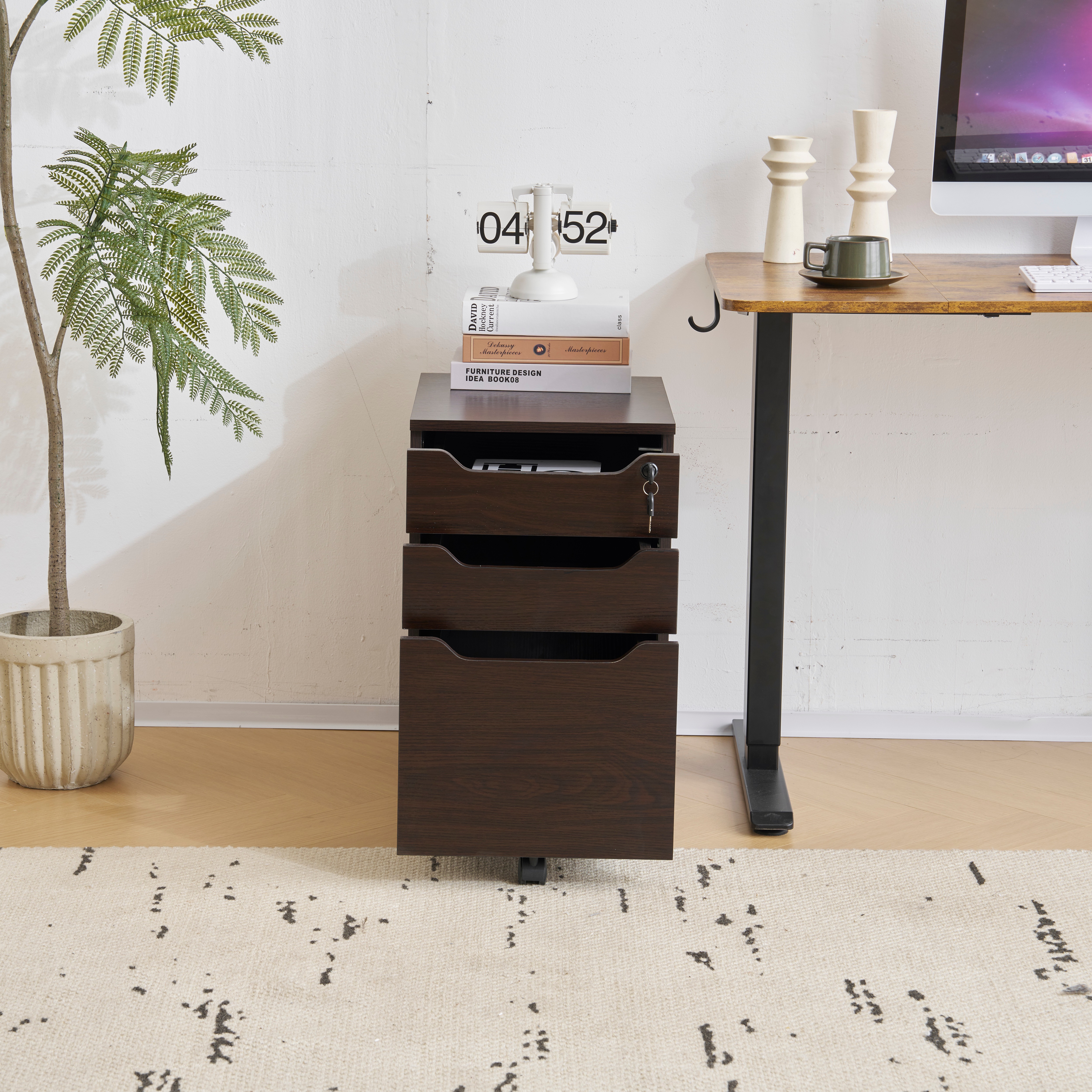 【国内出荷】【人気商品】デスクワゴン サイドワゴン ラック　鍵付き キャスター付き 脇机 オフィス クルミ