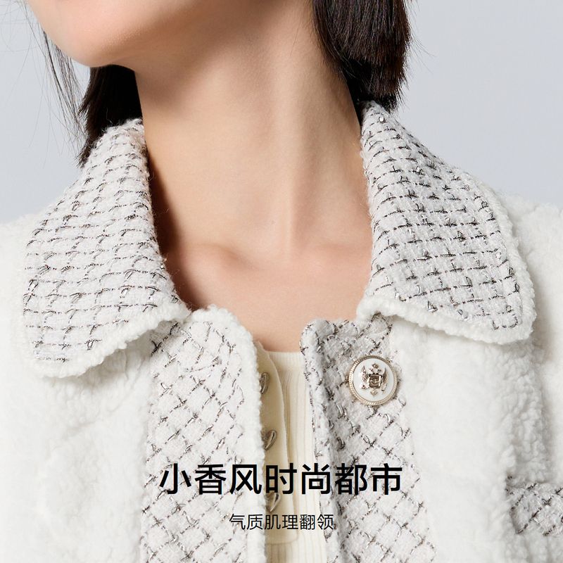 スノーホワイトカーディガンジャケットフリップラペルスプライシングプラッシュ生地2025新しいルースコットンジャケット スノーホワイトカーディガンジャケットフリップラペルスプライシングプラッシュ生地2025新しいルースコットンジャケット