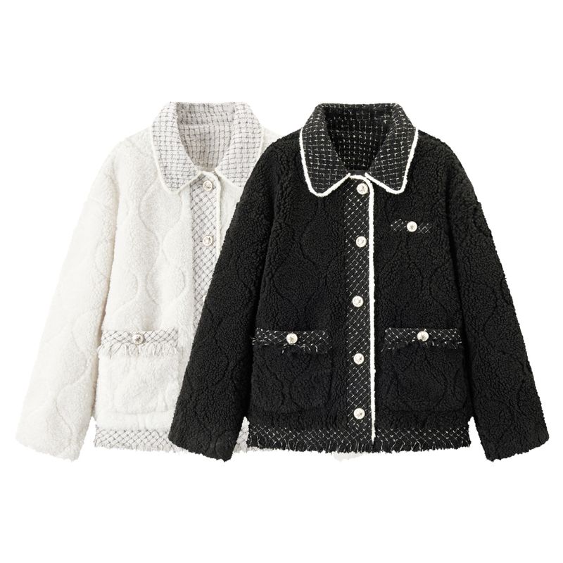 スノーホワイトカーディガンジャケットフリップラペルスプライシングプラッシュ生地2025新しいルースコットンジャケット スノーホワイトカーディガンジャケットフリップラペルスプライシングプラッシュ生地2025新しいルースコットンジャケット