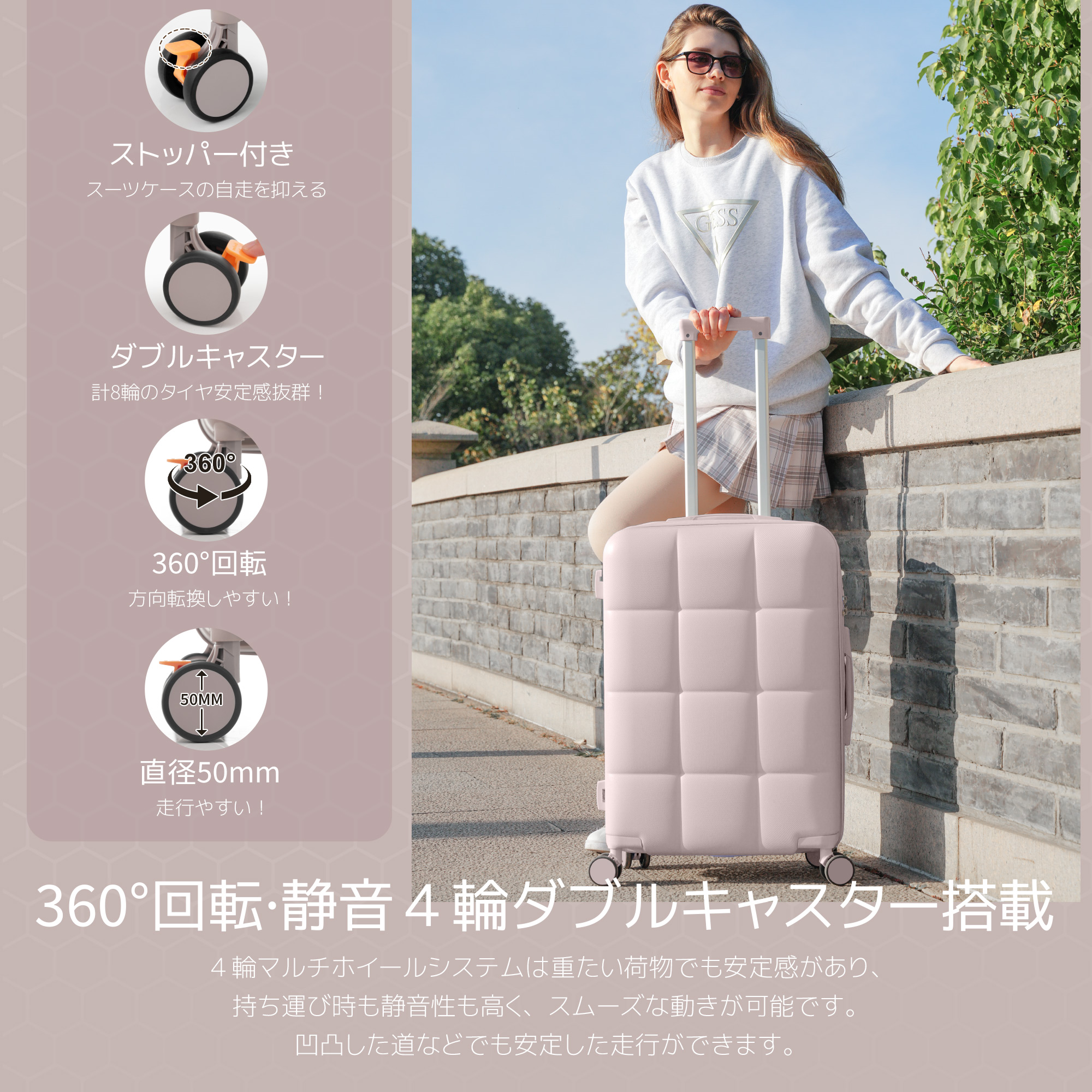 スーツケース キャリーバッグ キャリーケースおしゃれなスーツケース Mサイズ 小型 超軽量 ファスナー式 TSAロック搭載 フック機能付き 360度回転 旅行 おしゃれ 人気色