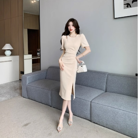 ワンピース 膝丈 ひざ丈 膝下 ミモレ ミモレ丈 袖あり 半袖 パフスリーブ Uネック ラウンドネック スリム タイト 細身 ストレート スリット サイドスリット きれいめ シンプル 大人 上品