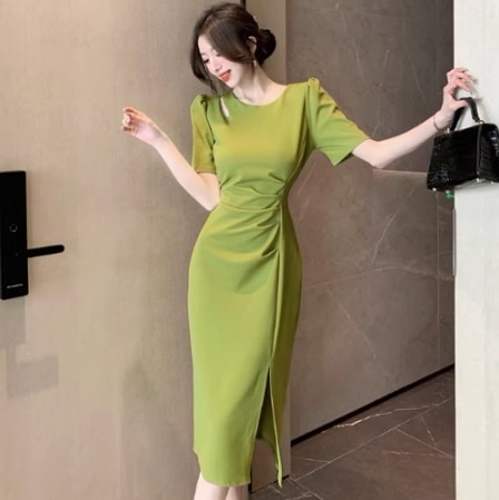 ワンピース 膝丈 ひざ丈 膝下 ミモレ ミモレ丈 袖あり 半袖 パフスリーブ Uネック ラウンドネック スリム タイト 細身 ストレート スリット サイドスリット きれいめ シンプル 大人 上品