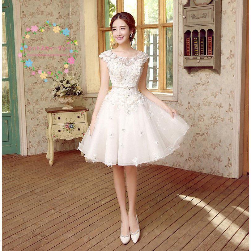 ウェディングドレス ミニドレス 白 二次会 ドレス 結婚式 花嫁 コンサート レース ワンピース ミニ パーティードレス 披露宴 発表会 ブライダル フォーマル　-45