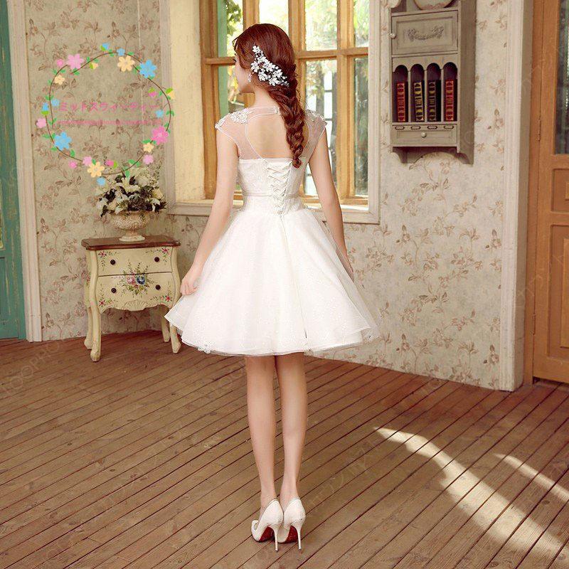 ウェディングドレス ミニドレス 白 二次会 ドレス 結婚式 花嫁 コンサート レース ワンピース ミニ パーティードレス 披露宴 発表会 ブライダル フォーマル　-45