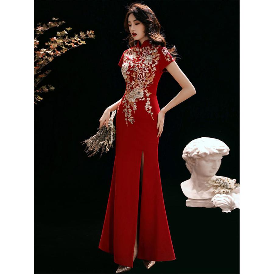 【限定購入】中華ドレス チーパオ 中華服 チャイナ風 チャイナドレス 前スリット 短袖 刺繍柄 エレガント 結婚式 二次会 花嫁 ドレス マーメイド 演奏会 発表会 チャイナ ド20%off