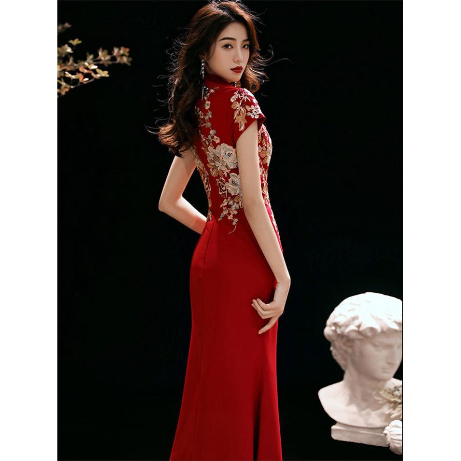 【限定購入】中華ドレス チーパオ 中華服 チャイナ風 チャイナドレス 前スリット 短袖 刺繍柄 エレガント 結婚式 二次会 花嫁 ドレス マーメイド 演奏会 発表会 チャイナ ド20%off