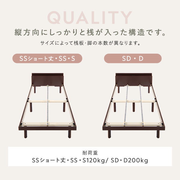 ベッド ショート丈 セミシングル ベッドフレームのみ ホワイト 高さ調整 棚付 コンセント すのこ 木製