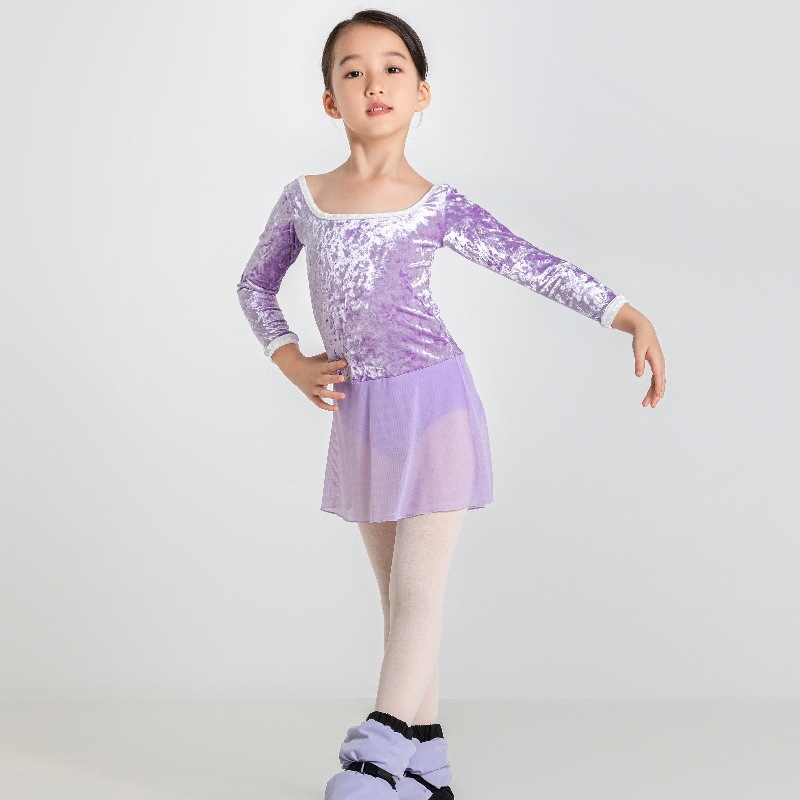 レオタード ベルベット キッズ ウォームアップ スカート付き 女の子 ７分袖 防寒 股下スナップボタン バレエ ダンス衣装 演出 54BB1017