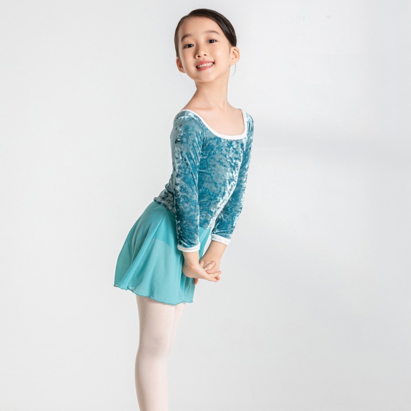 レオタード ベルベット キッズ ウォームアップ スカート付き 女の子 ７分袖 防寒 股下スナップボタン バレエ ダンス衣装 演出 54BB1017